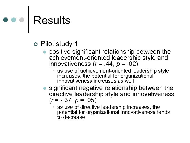 Results ¢ Pilot study 1 l positive significant relationship between the achievement-oriented leadership style