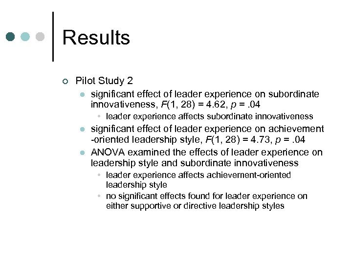 Results ¢ Pilot Study 2 l significant effect of leader experience on subordinate innovativeness,