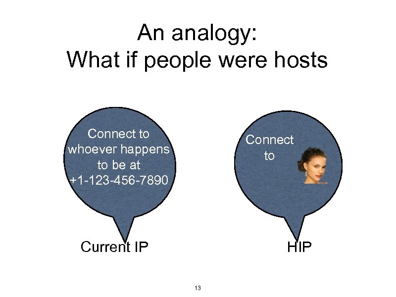 An analogy: What if people were hosts Connect to whoever happens to be at
