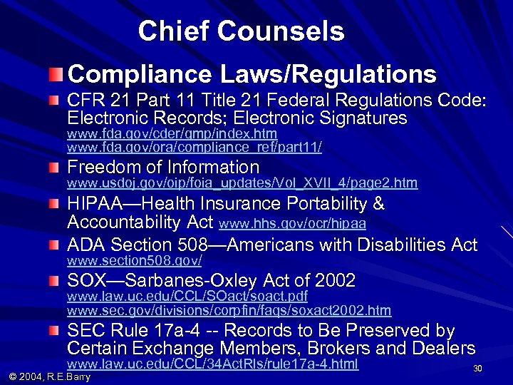 Chief Counsels Compliance Laws/Regulations CFR 21 Part 11 Title 21 Federal Regulations Code: Electronic