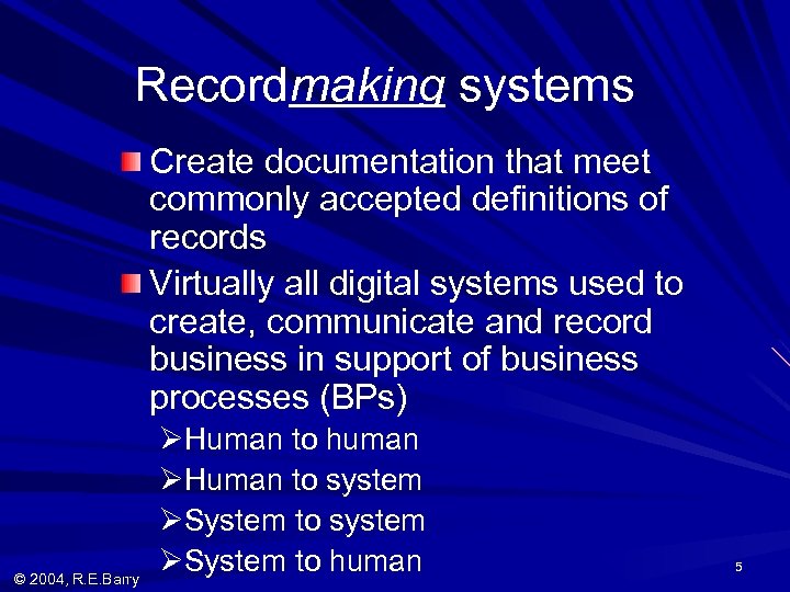 Recordmaking systems Create documentation that meet commonly accepted definitions of records Virtually all digital
