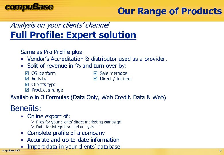 Our Range of Products Analysis on your clients’ channel Full Profile: Expert solution Same