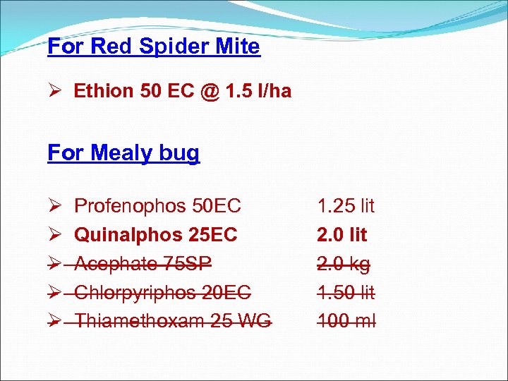 For Red Spider Mite Ø Ethion 50 EC @ 1. 5 l/ha For Mealy