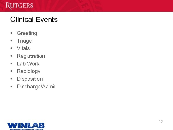 Clinical Events • • Greeting Triage Vitals Registration Lab Work Radiology Disposition Discharge/Admit 16
