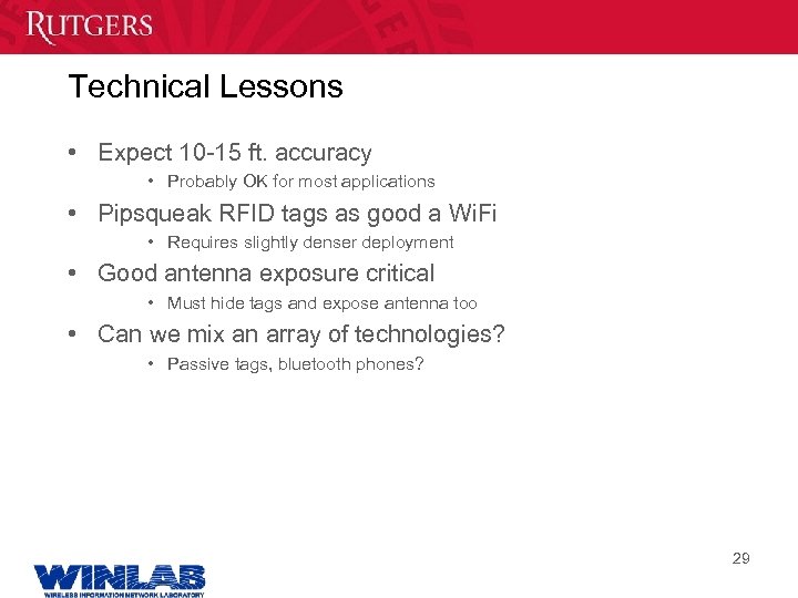 Technical Lessons • Expect 10 -15 ft. accuracy • Probably OK for most applications