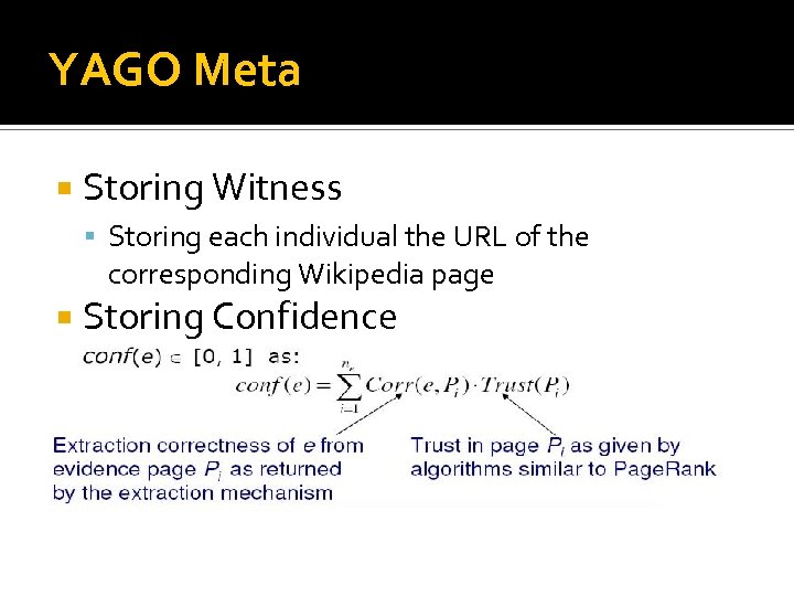 YAGO Meta Storing Witness Storing each individual the URL of the corresponding Wikipedia page