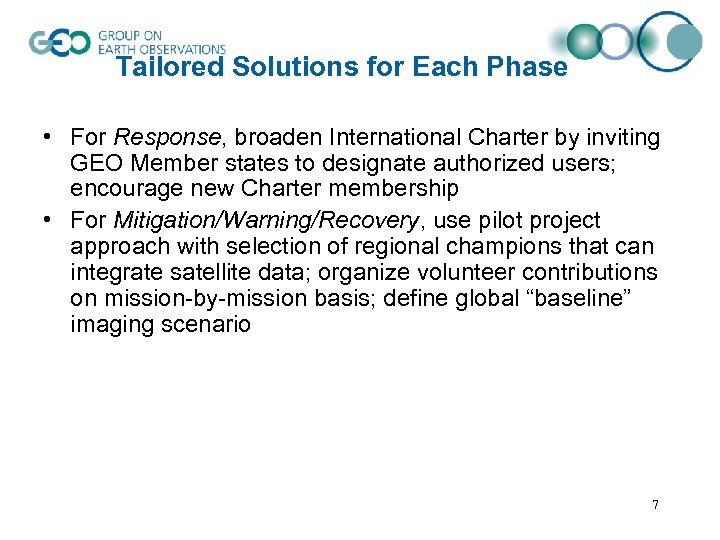Tailored Solutions for Each Phase • For Response, broaden International Charter by inviting GEO
