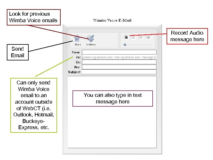 Look for previous Wimba Voice emails Record Audio message here Send Email Can only