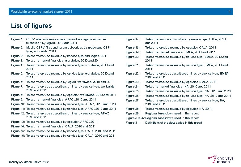 4 Worldwide telecoms market shares 2011 List of figures Figure 1: CSPs’ telecoms service