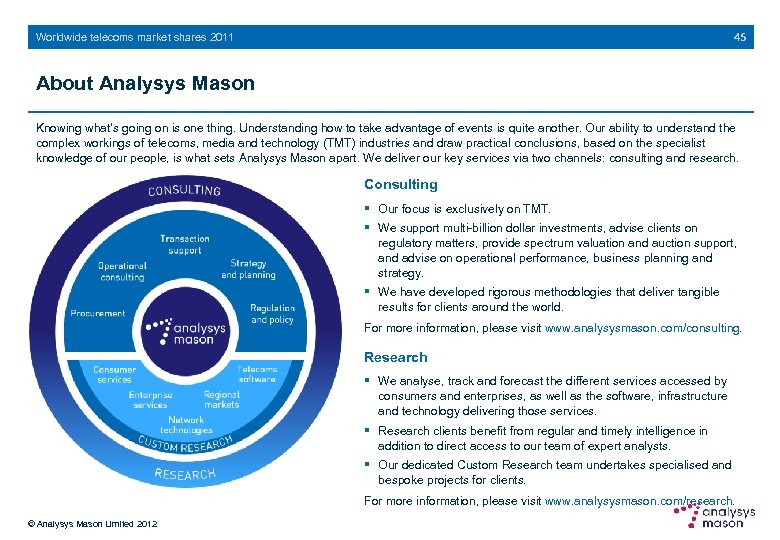 45 Worldwide telecoms market shares 2011 About Analysys Mason Knowing what’s going on is