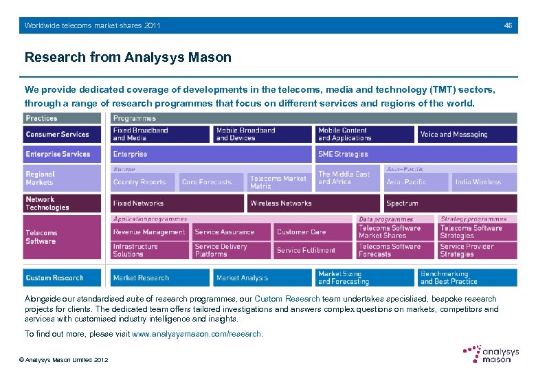 Worldwide telecoms market shares 2011 Research from Analysys Mason We provide dedicated coverage of