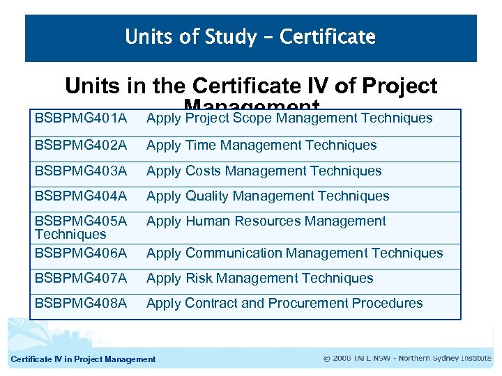 Units of Study – Certificate Units in the Certificate IV of Project Management BSBPMG