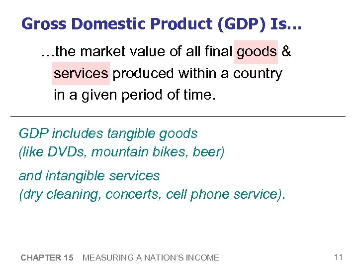 Gross Domestic Product (GDP) Is… …the market value of all final goods & services