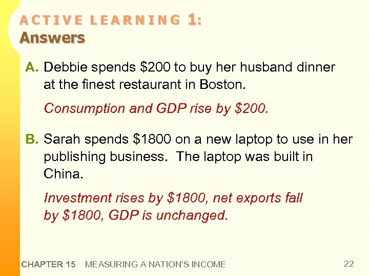 ACTIVE LEARNING Answers 1: A. Debbie spends $200 to buy her husband dinner at