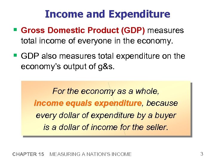 Income and Expenditure § Gross Domestic Product (GDP) measures total income of everyone in