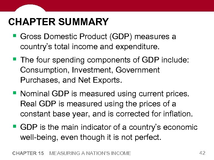 CHAPTER SUMMARY § Gross Domestic Product (GDP) measures a country’s total income and expenditure.