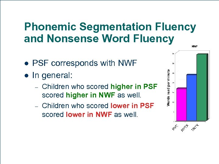 Phonemic Segmentation Fluency and Nonsense Word Fluency l l PSF corresponds with NWF In