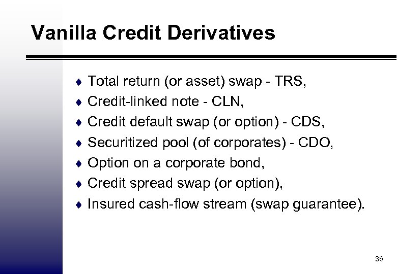 Vanilla Credit Derivatives ¨ Total return (or asset) swap - TRS, ¨ Credit-linked note