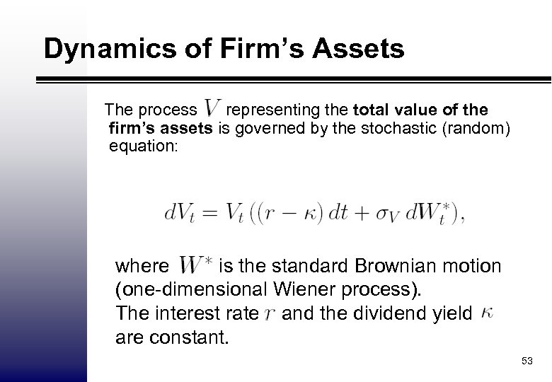 Dynamics of Firm’s Assets The process representing the total value of the firm’s assets