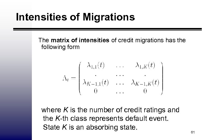 Intensities of Migrations The matrix of intensities of credit migrations has the following form