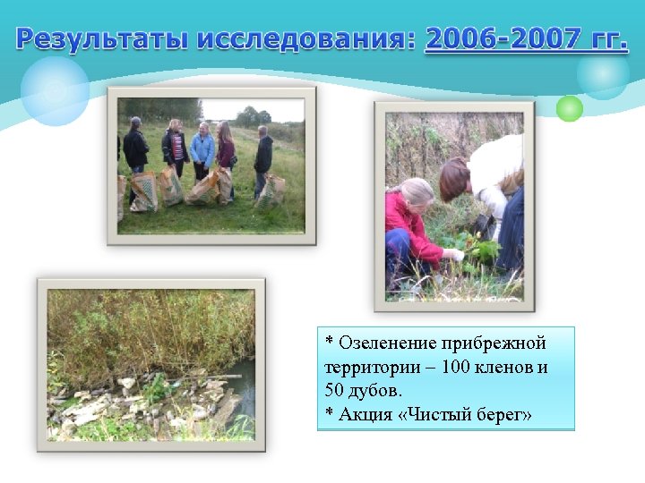 * Озеленение прибрежной территории – 100 кленов и 50 дубов. * Акция «Чистый берег»