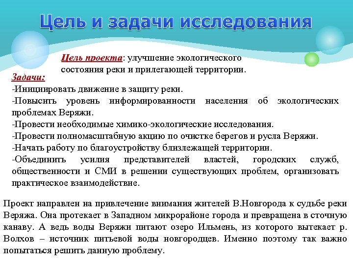 Цель проекта: улучшение экологического проекта состояния реки и прилегающей территории. Задачи: -Инициировать движение в