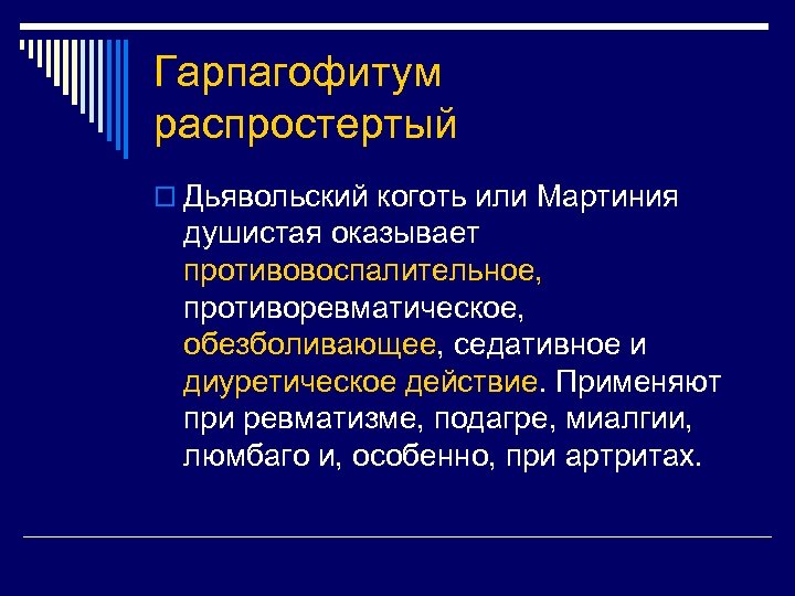Гарпагофитум распростертый o Дьявольский коготь или Мартиния душистая оказывает противовоспалительное, противоревматическое, обезболивающее, седативное и