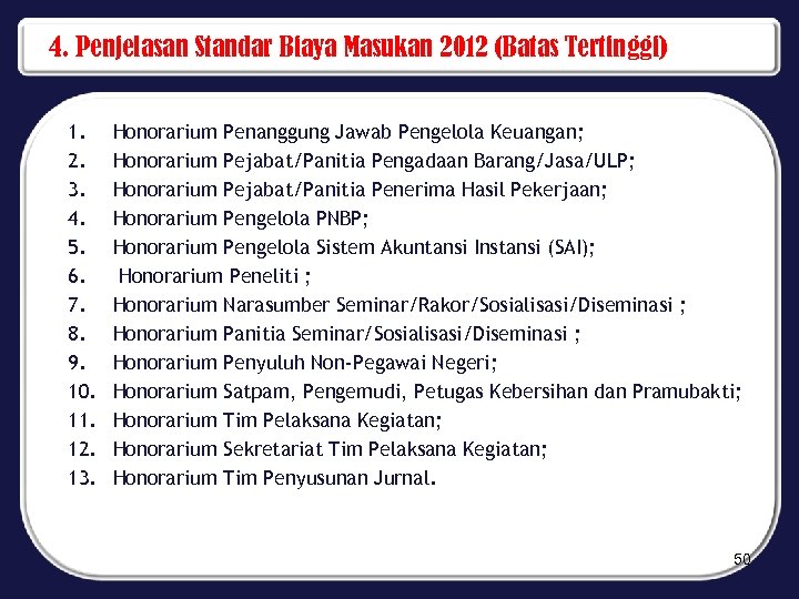 4. Penjelasan Standar Biaya Masukan 2012 (Batas Tertinggi) 1. 2. 3. 4. 5. 6.
