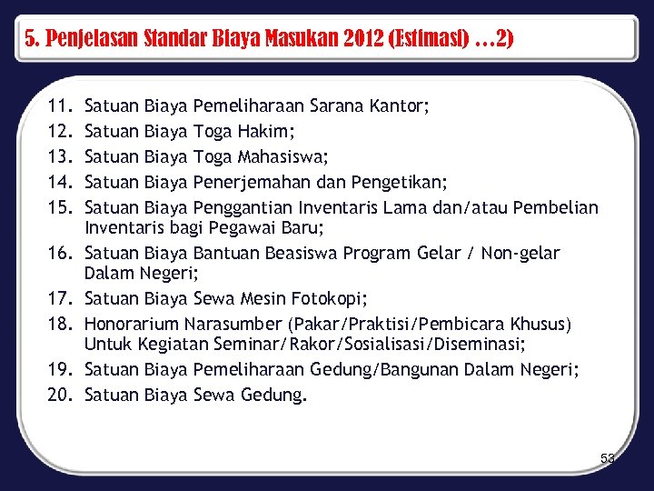 5. Penjelasan Standar Biaya Masukan 2012 (Estimasi) … 2) 11. 12. 13. 14. 15.