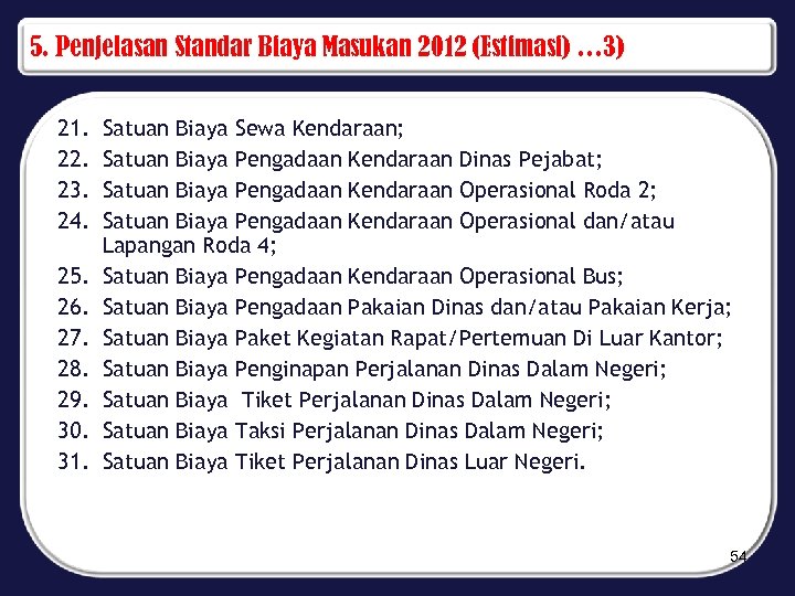 5. Penjelasan Standar Biaya Masukan 2012 (Estimasi) … 3) 21. 22. 23. 24. 25.