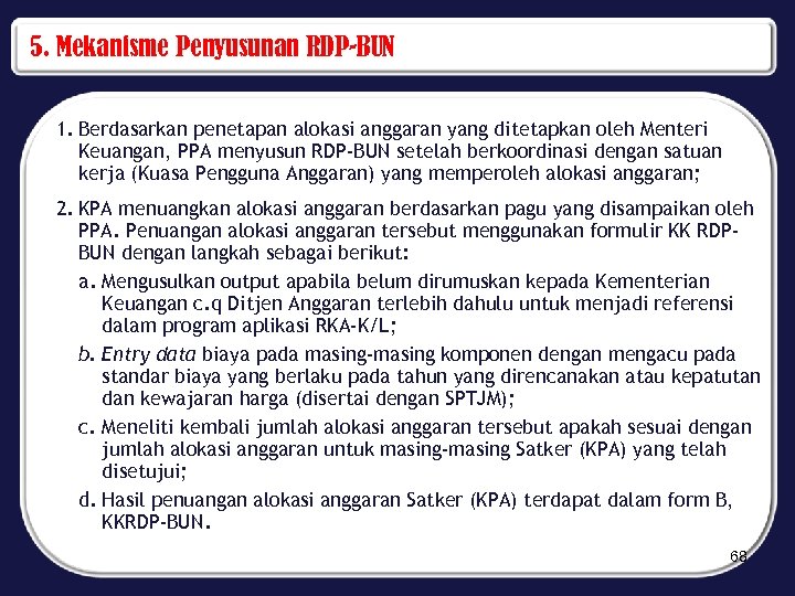 5. Mekanisme Penyusunan RDP-BUN 1. Berdasarkan penetapan alokasi anggaran yang ditetapkan oleh Menteri Keuangan,