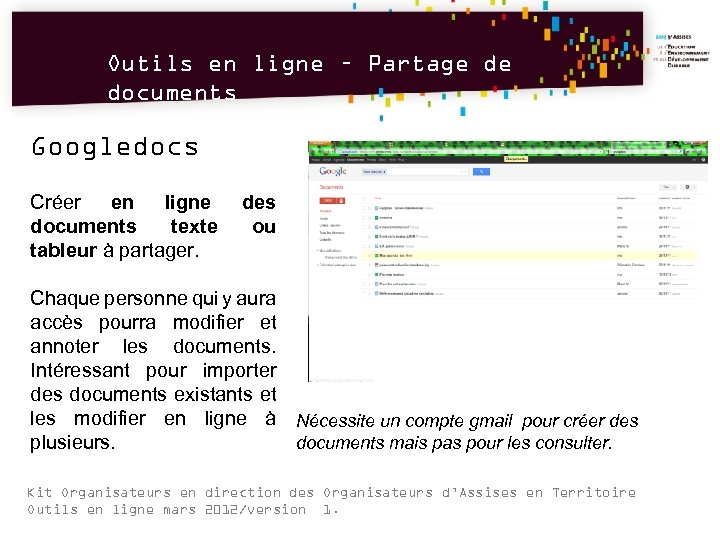 Outils en ligne – Partage de documents Googledocs Créer en ligne documents texte tableur