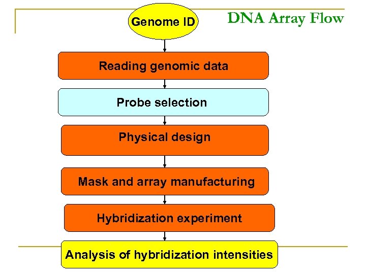 Genome ID DNA Array Flow Reading genomic data Probe selection Physical design Mask and