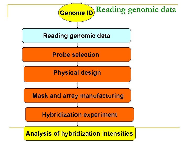 Genome ID Reading genomic data Probe selection Physical design Mask and array manufacturing Hybridization