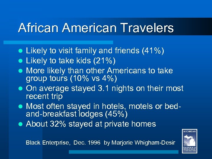 African American Travelers Likely to visit family and friends (41%) Likely to take kids