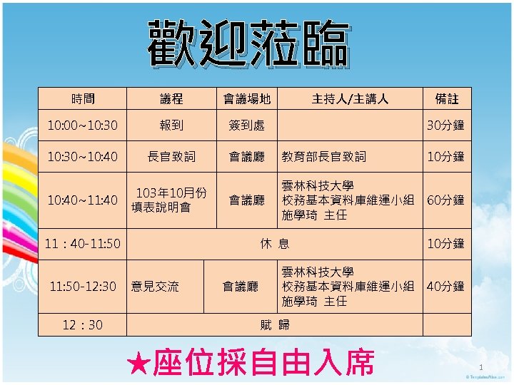 歡迎蒞臨 時間 議程 會議場地 10: 00~10: 30 報到 簽到處 10: 30~10: 40 長官致詞 會議廳