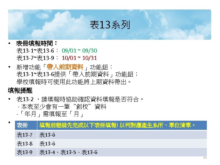 表 13系列 • 表冊填報時間： 表 13 -1~表 13 -6： 09/01 ~ 09/30 表 13