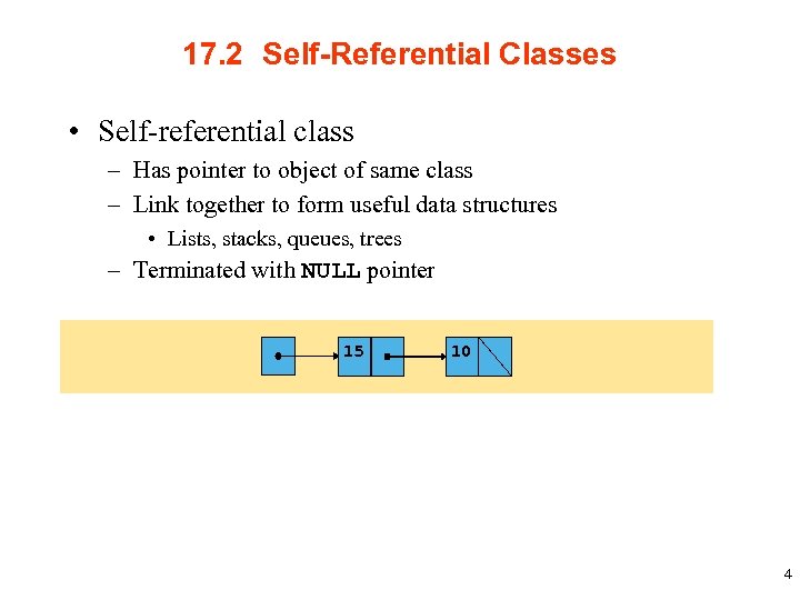 17. 2 Self-Referential Classes • Self-referential class – Has pointer to object of same