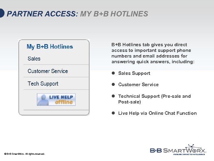 PARTNER ACCESS: MY B+B HOTLINES B+B Hotlines tab gives you direct access to important