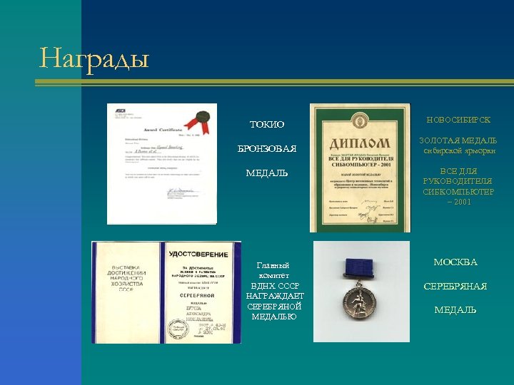 Награды ТОКИО БРОНЗОВАЯ МЕДАЛЬ Главный комитет ВДНХ СССР НАГРАЖДАЕТ СЕРЕБРЯНОЙ МЕДАЛЬЮ НОВОСИБИРСК ЗОЛОТАЯ МЕДАЛЬ