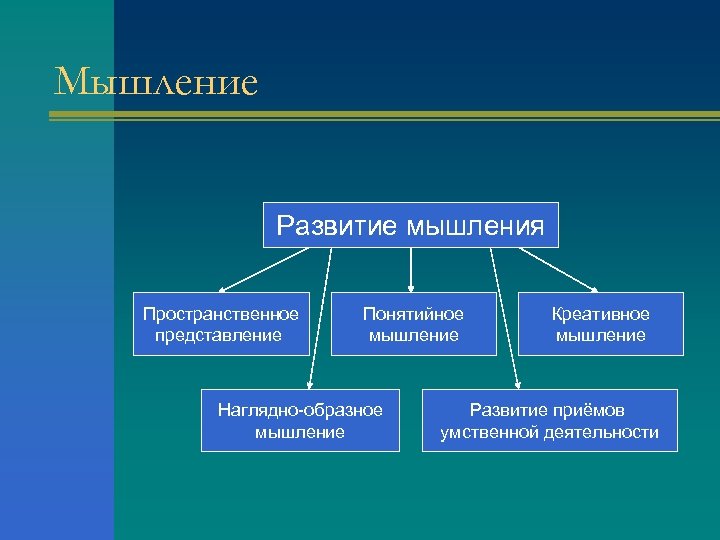 Мышление Развитие мышления Пространственное представление Понятийное мышление Наглядно-образное мышление Креативное мышление Развитие приёмов умственной