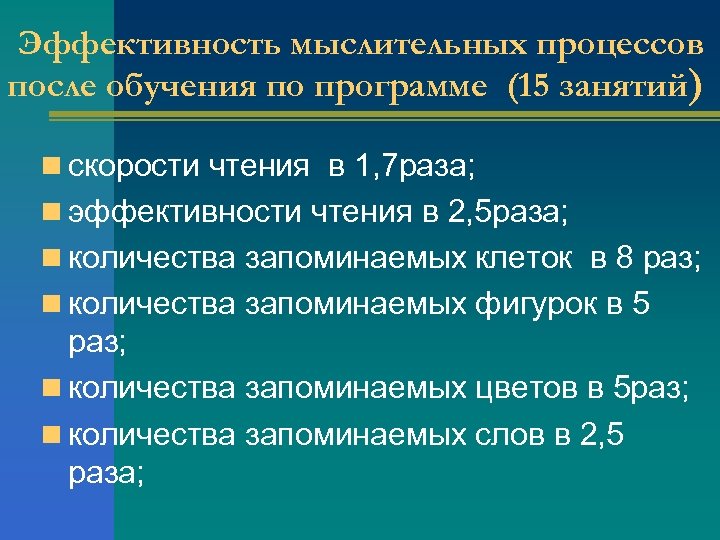 Эффективность мыслительных процессов после обучения по программе (15 занятий) n скорости чтения в 1,