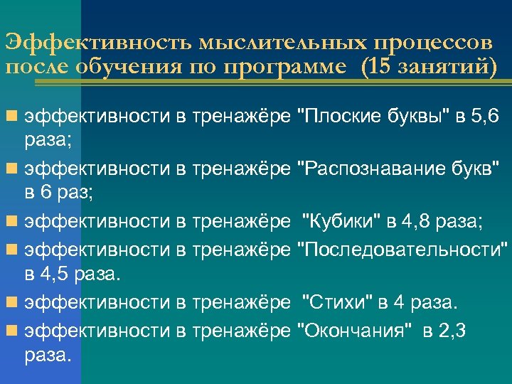 Эффективность мыслительных процессов после обучения по программе (15 занятий) n эффективности в тренажёре "Плоские