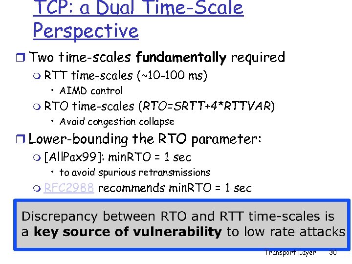 TCP: a Dual Time-Scale Perspective r Two time-scales fundamentally required m RTT time-scales (~10