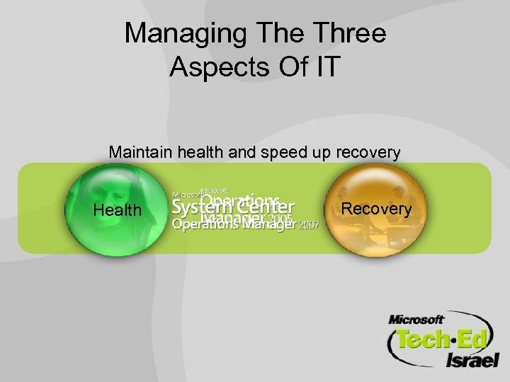 Managing The Three Aspects Of IT Maintain health and speed up recovery Health Recovery