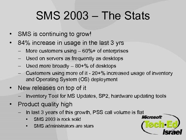 SMS 2003 – The Stats • SMS is continuing to grow! • 84% increase