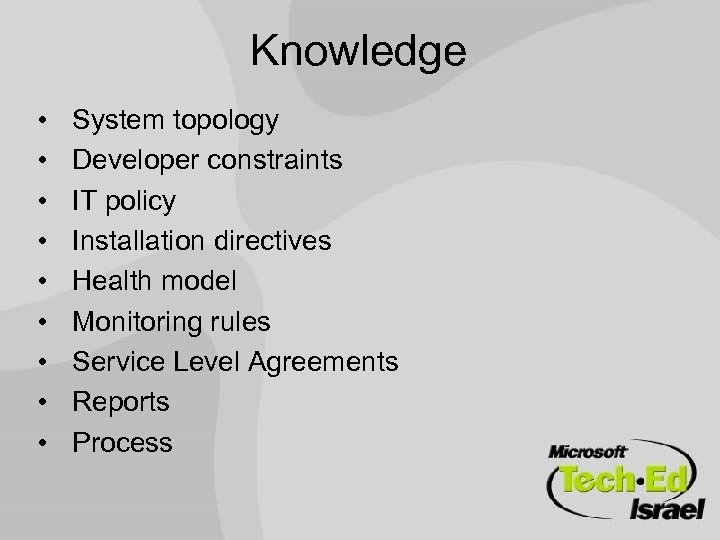 Knowledge • • • System topology Developer constraints IT policy Installation directives Health model