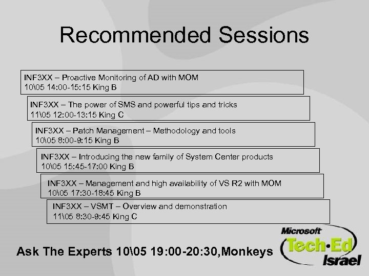 Recommended Sessions INF 3 XX – Proactive Monitoring of AD with MOM 10 5 14: