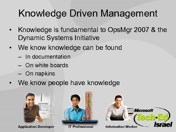 Knowledge Driven Management • Knowledge is fundamental to Ops. Mgr 2007 & the Dynamic