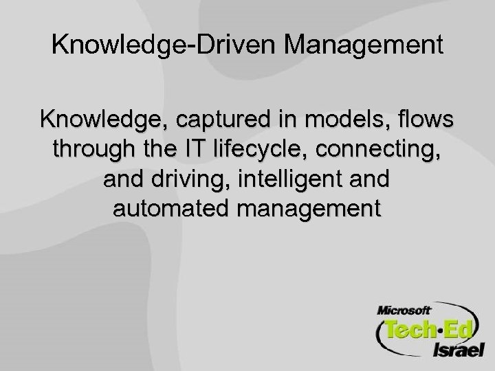 Knowledge-Driven Management Knowledge, captured in models, flows through the IT lifecycle, connecting, and driving,